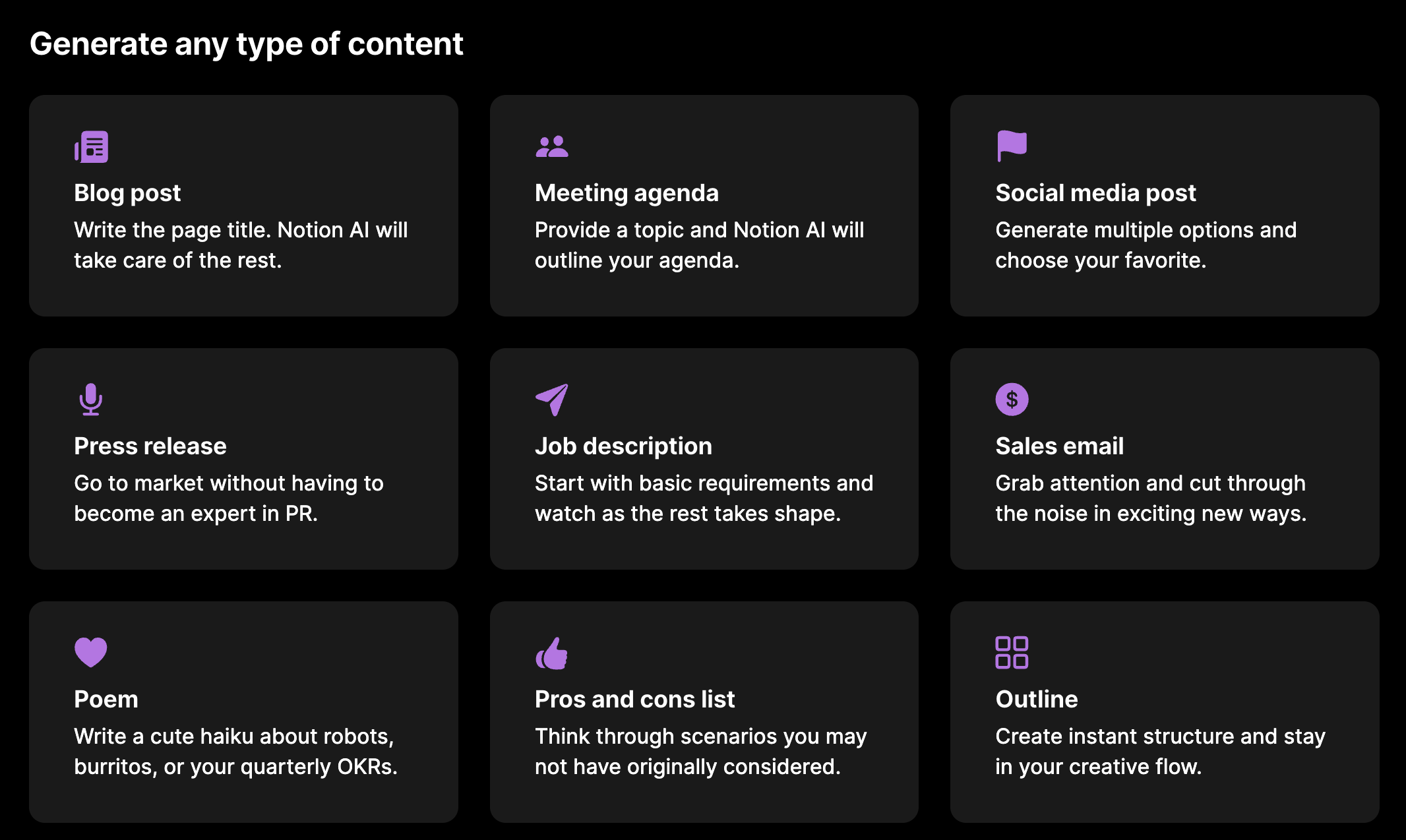 A list of some of the features available in the alpha of Notion AI - Blog post, meeting agenda, social media post, press release, job description, sales email, poem, pros and cons list, outline