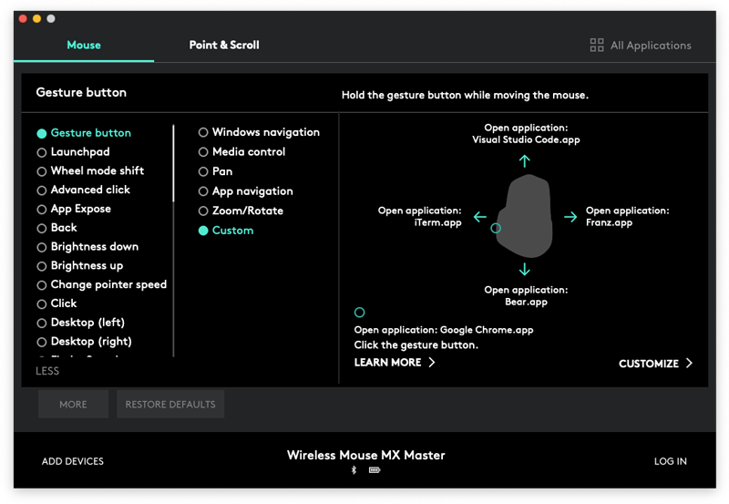 Screenshot of the logitech options gestures screen