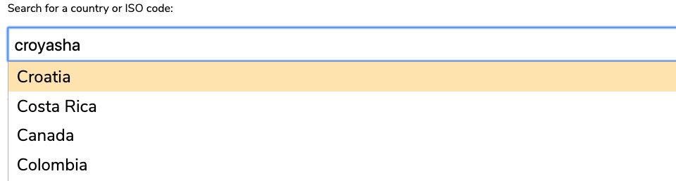 Fuzzy search accurately returning ‘Croatia’ when the user has entered an incorrect spelling based on how the word is said - ‘croyasha’