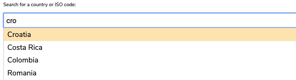 Fuzzy search accurately returning ‘Croatia’ when the user has entered the start of the word - ‘cro’ - the same as strict search.