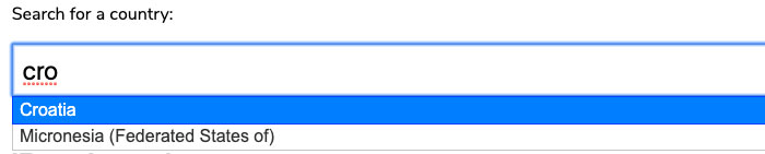 Strict search accurately returning ‘Croatia’ when the user has entered ‘cro’