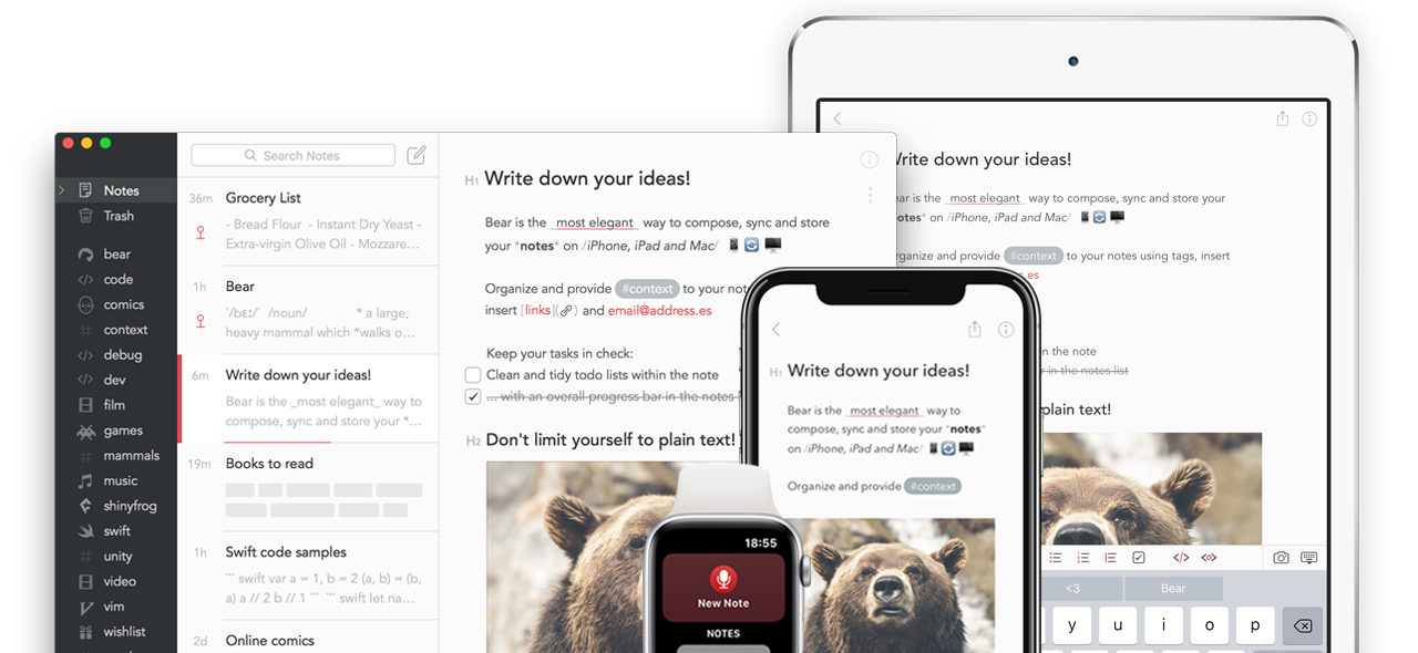 Bear running across a Mac, iPad, iPhone, and Apple Watch