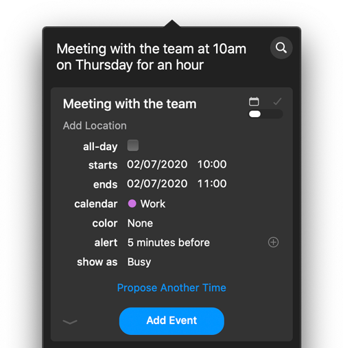 Fantastical helper automatically generating a calendar item based on the free text entered