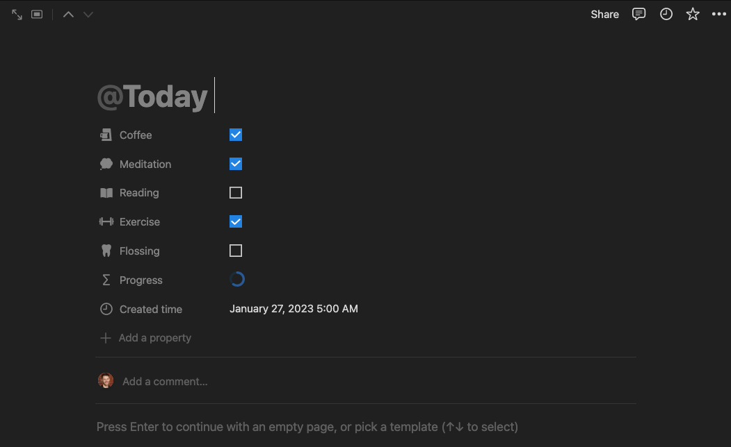 A page in Notion with a series of checkboxes for coffee, meditation, reading, exercise, and flossing. A progress bar lets me know how near completion I am.