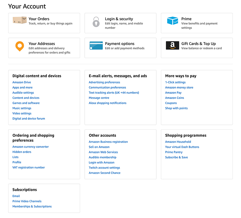 The your account section of Amazon