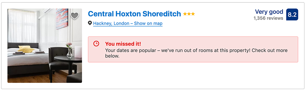 A listing shown to users on the booking.com search results page. It shows a room that was previously booked and so isn't available to the user now