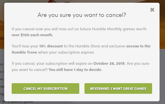 The opt-in choice for a games subscription service. The link says nevermind, I want great games