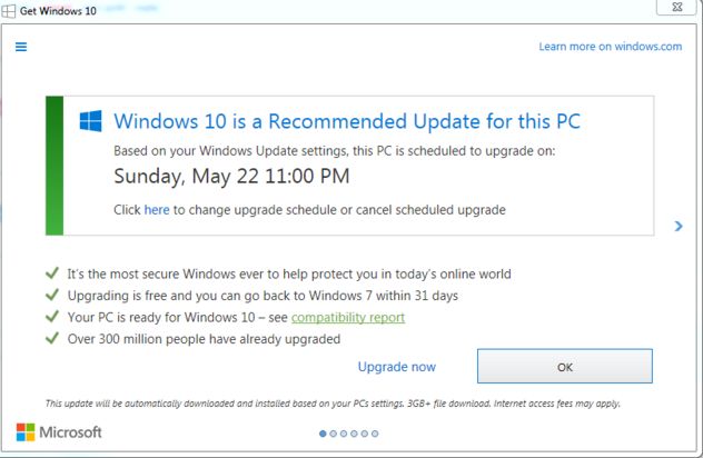 The Windows 10 upgrade popup