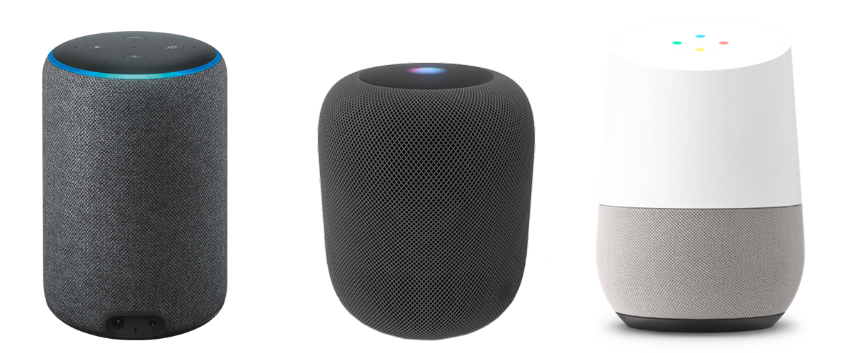 Three voice-activated virtual assistant devices. (left to right) Alexa in Amazon Echo & Echo Dot, Siri in Apple HomePod, and Google Assistant in Google Home
