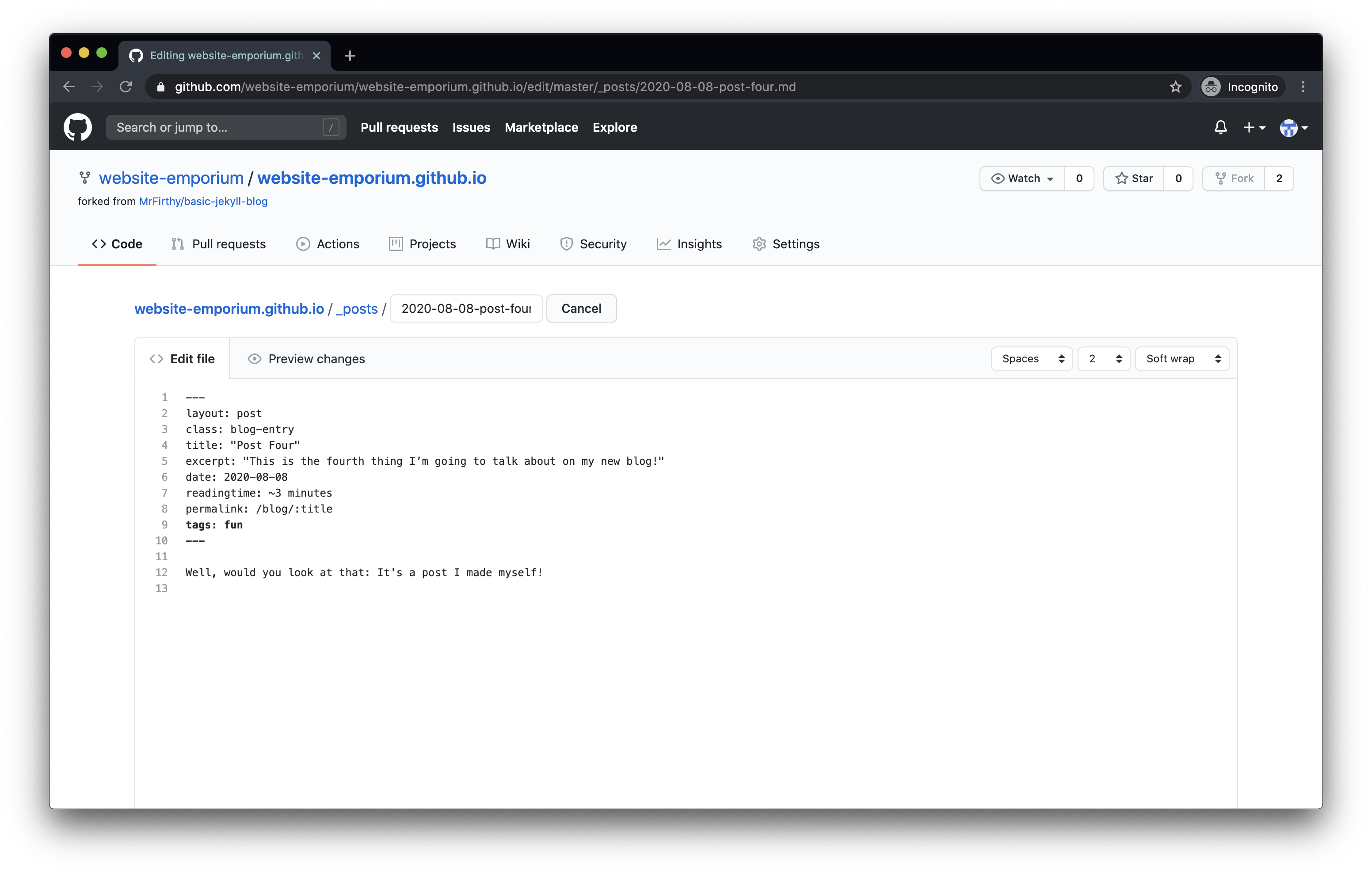 The contents of a new blog post on Github