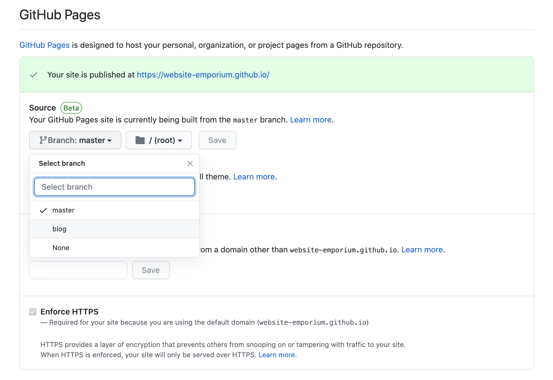 The option in Github settings to change the branch that Github pages deploys from