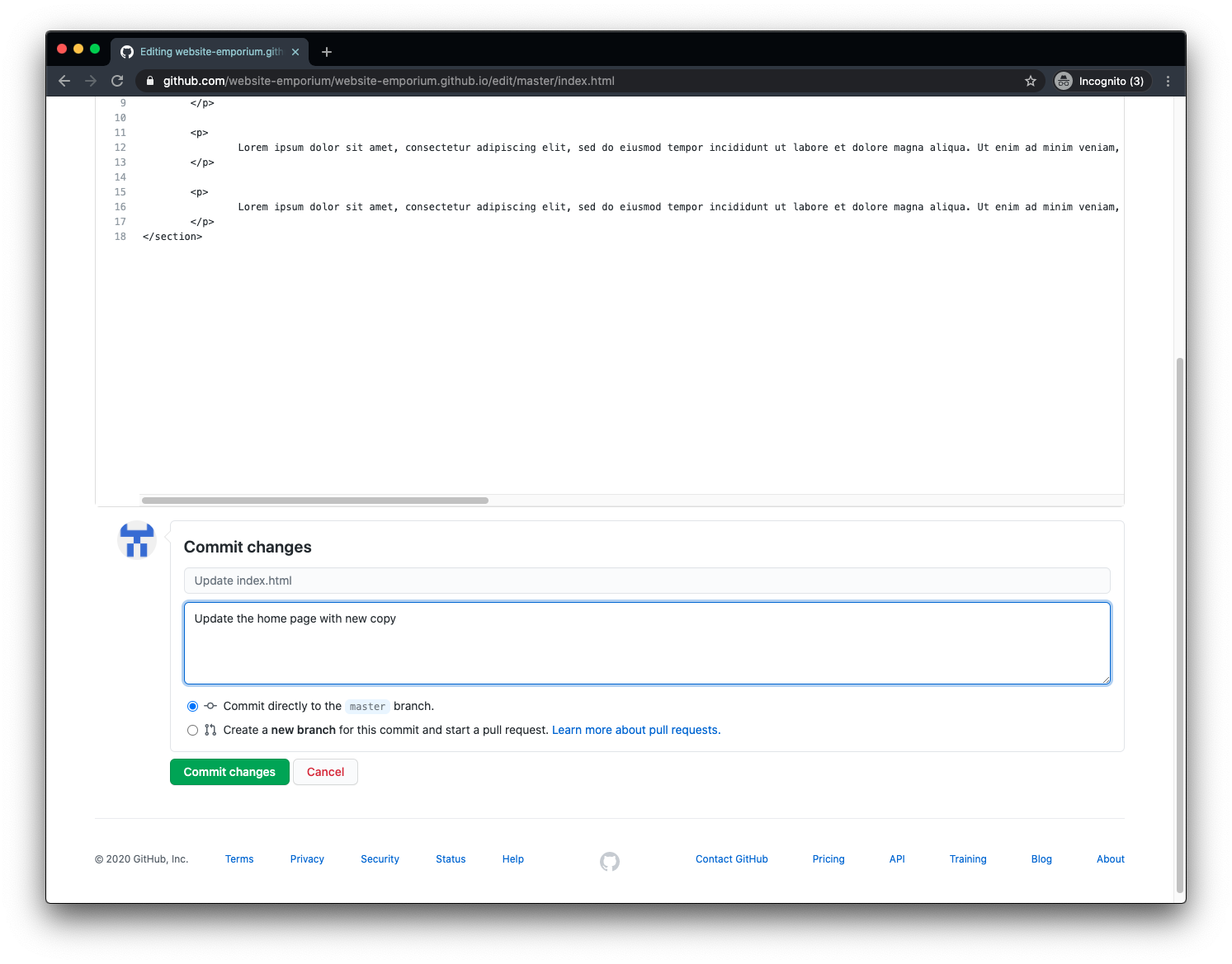 The input field when commiting file changes on Github