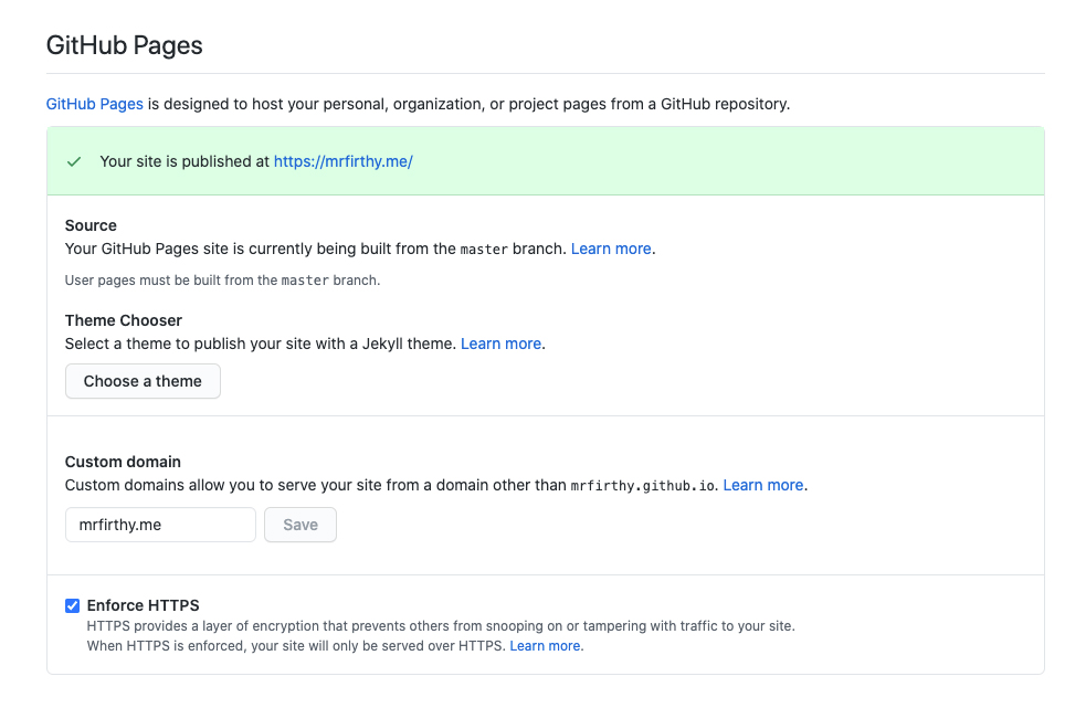 A github setting showing that the repository is being deployed under a custom domain