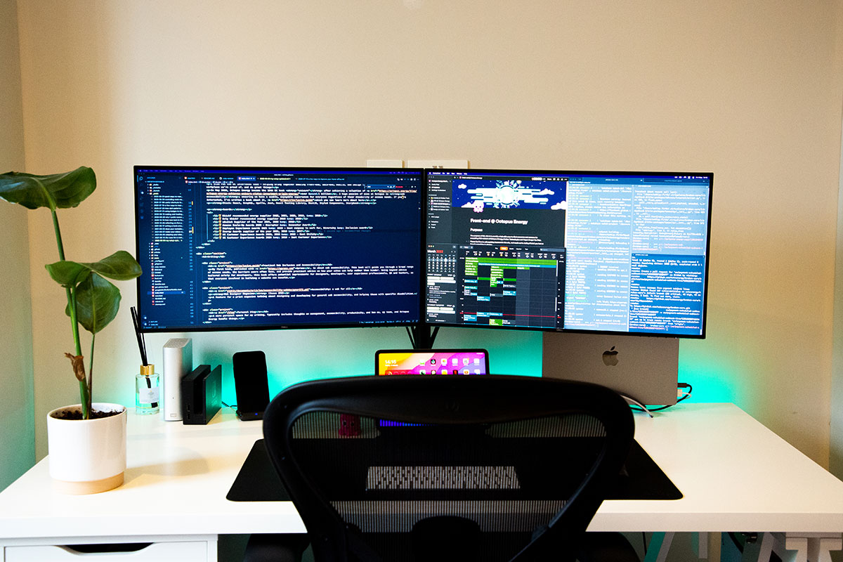 A full view of my mew setup. A white wooden desk with two black screens attached to a monitor arm. There's a black mesh chair, a black leather mousepad, and iPad, and a plant