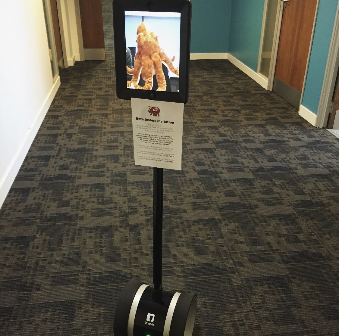 The contraption we used to encourage people to sign up for our beta program - an iPad on a motorised pole with a fluffy octopus on the screen
