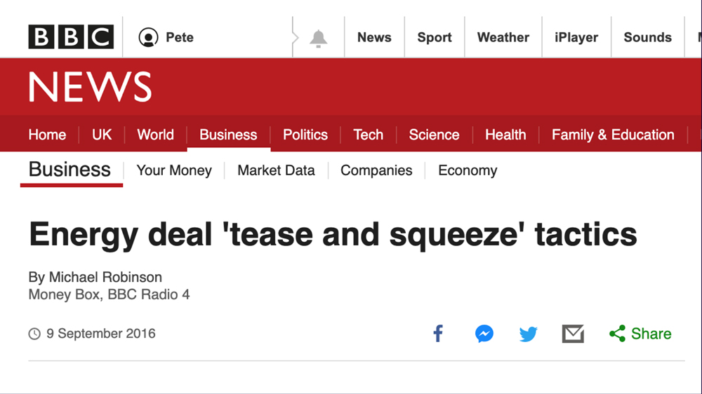 The BBC news website reporting on the 'tease and squeeze' tactics on many suppliers in the energy industry, using data we provided