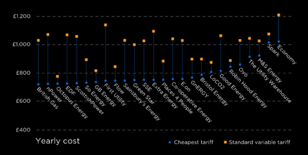 A graph from 2016 showing the difference between every energy supplier's cheapest and variable tariffs. It highlighted that a lot of suppliers were offering attractive deals to customers, but then rolling them on to far more expensive tariffs when their deal ended.