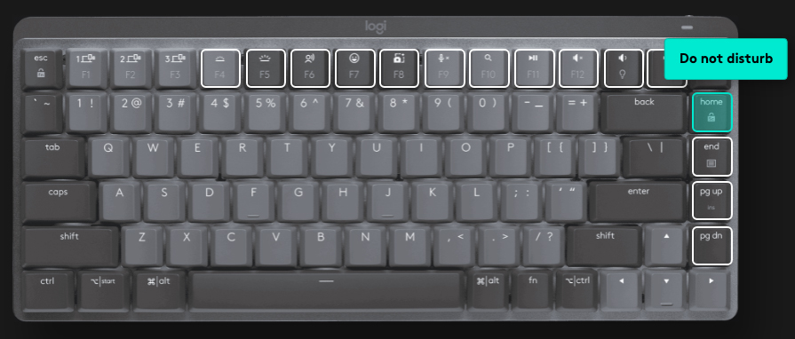 The logitech MX master mechanical mini keyboard, having the 'home' key customised to be used as a 'do not disturb' button