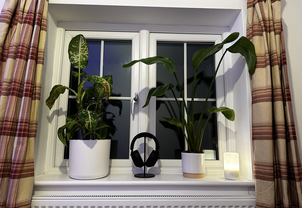 Two plants, on a windowsill, either side of some black headphones on a stand. There's a small diffuser with a light on the right of them, letting out vapour