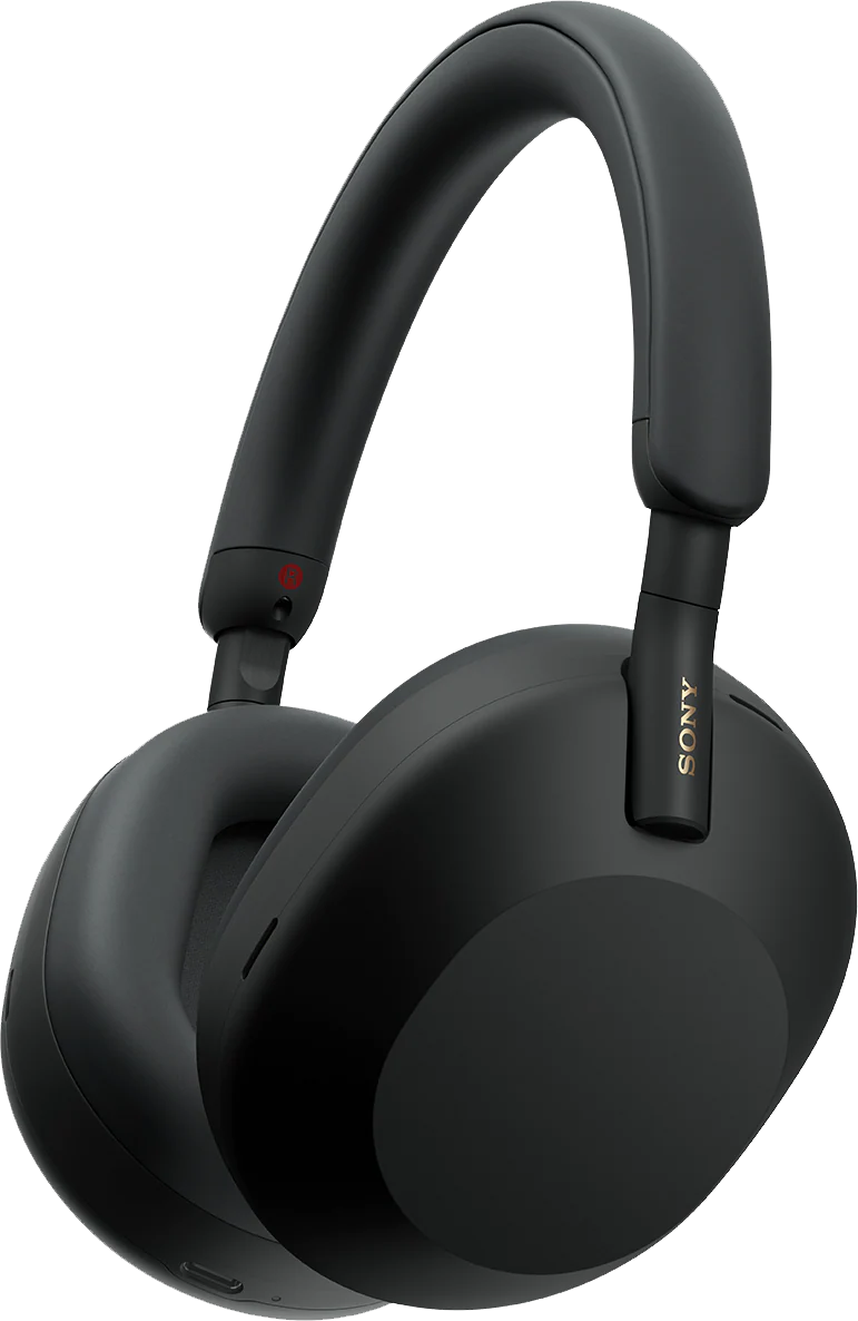 A side-on shot of the Sony XM5 Headphones, in black