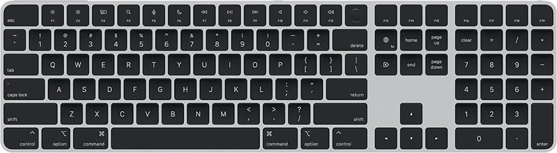 The Apple magic keyboard has a number pad on the right. It has a low profile and rounded corners