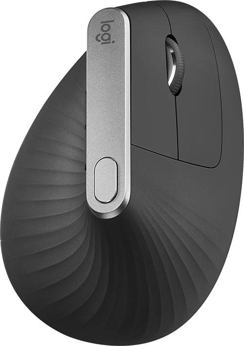 A top-down shot of the MX vertical mouse. It has contours on the bottom and left for increased grip