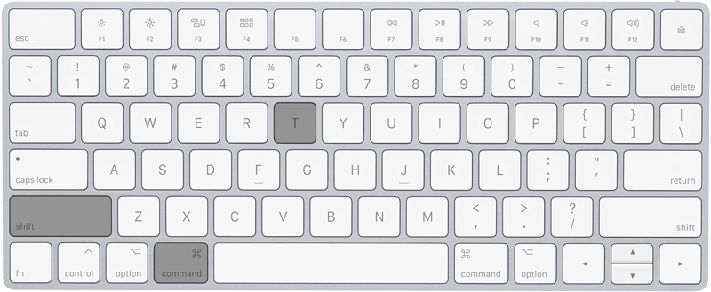 A keyboard showing the Shift + CMD + T Shortcut