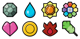 Illustrations of the eight Kanto badges from Pokemon
