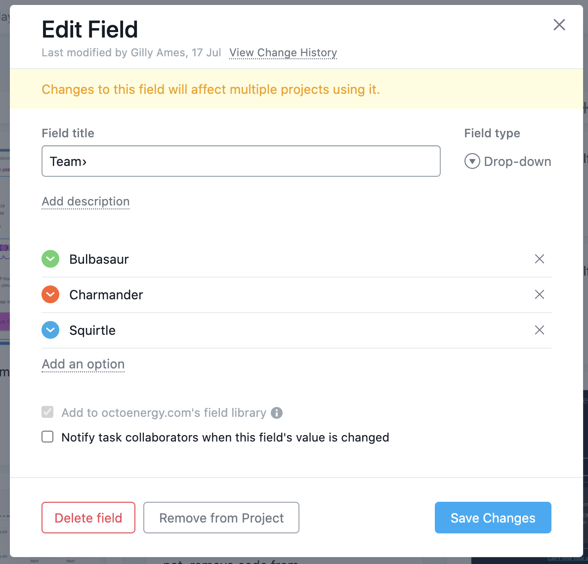 An example of a custom field you can make in Asana to use across all of your boards