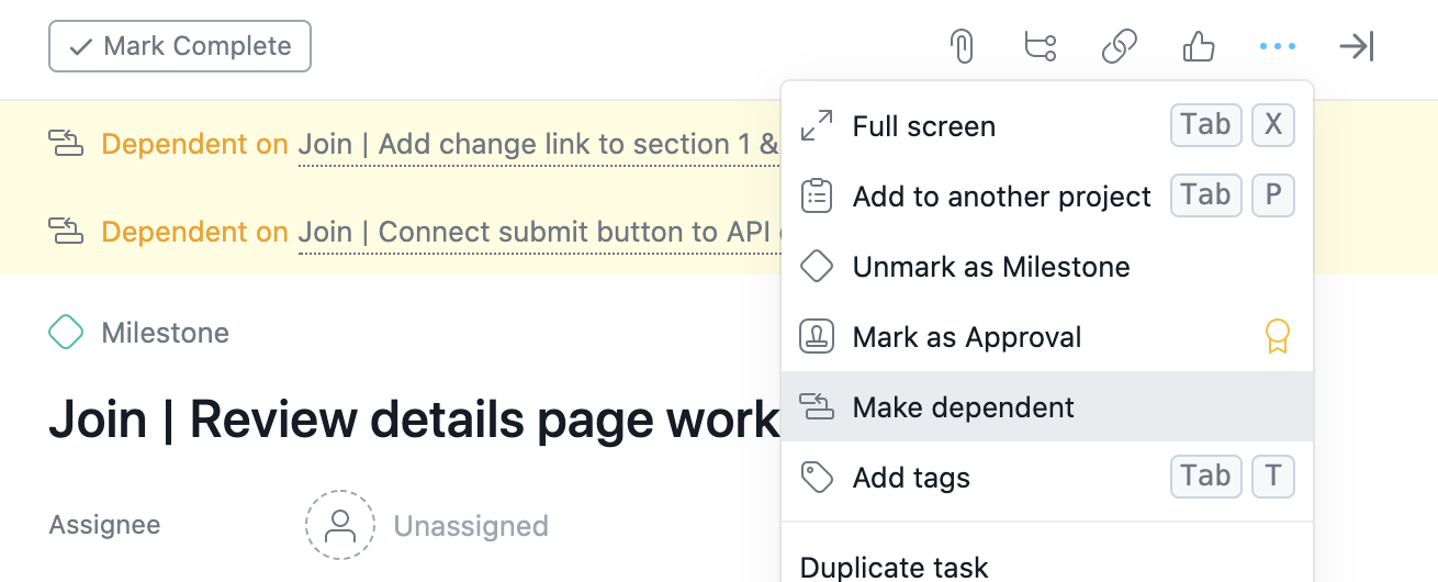 You can make any card in Asana dependant on another card by clicking on options