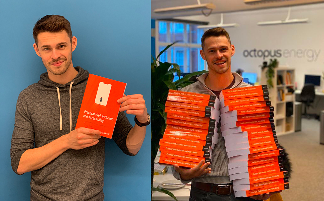 Two pictures of me posing with copies of my book